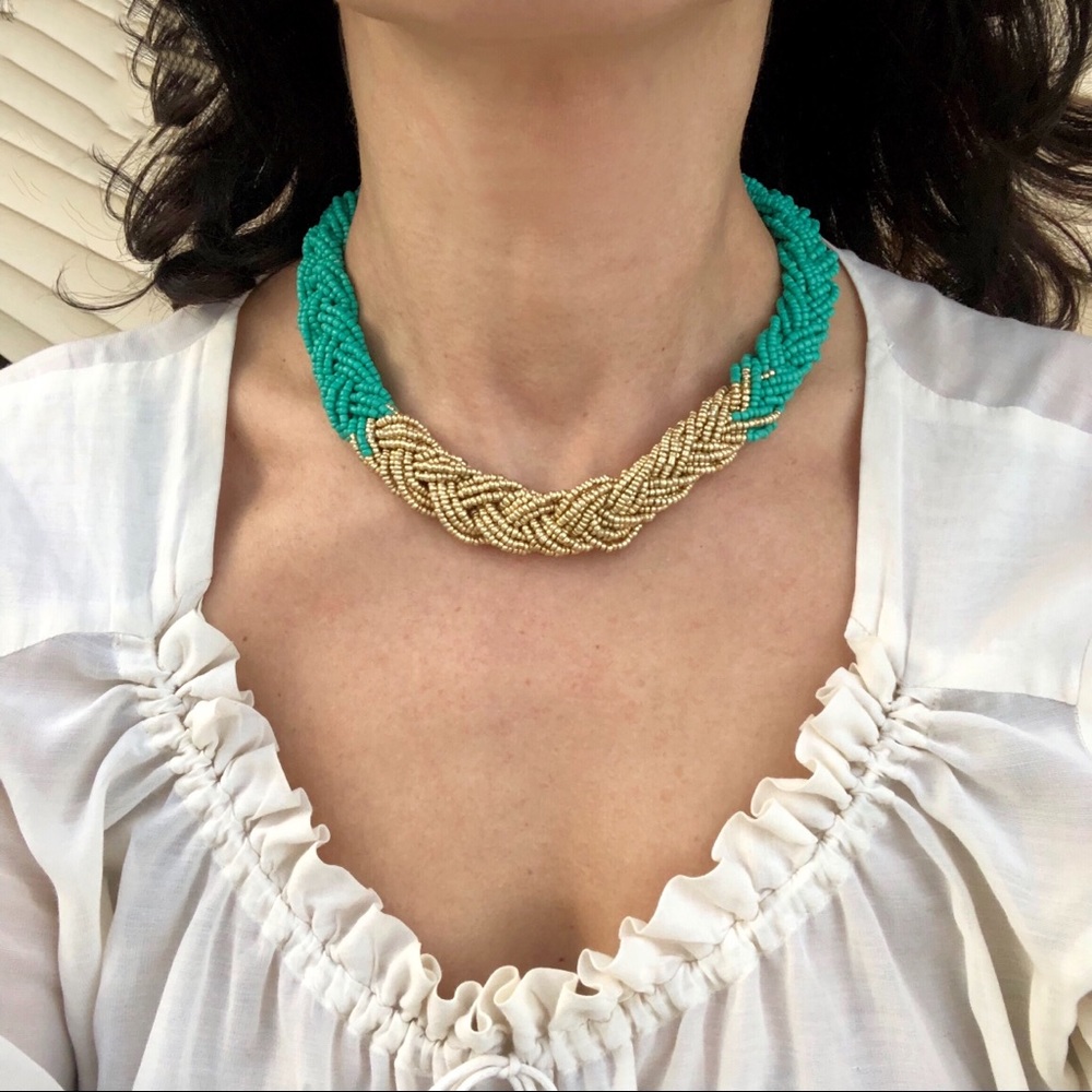 Turquoise Gold Braid Boho Chunky Necklace Choker